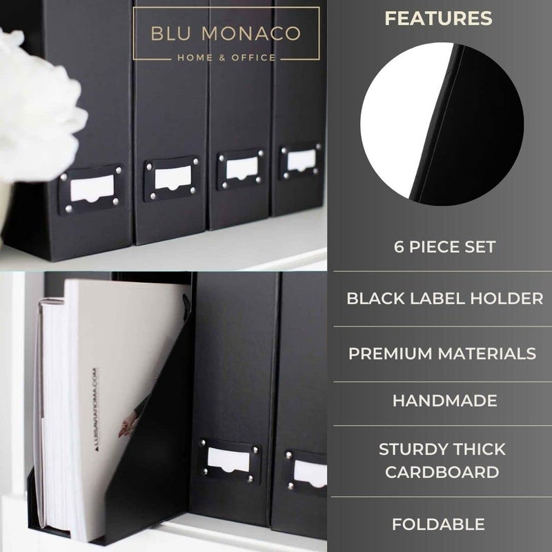 BLU MONACO Foldable Black Magazine File Holder â€“ Set of 6 | Cardboard Desk File Organizer Boxes with Leather Label Holders | Vertical Magazine Storage for Office, Classroom & Home - Image 5